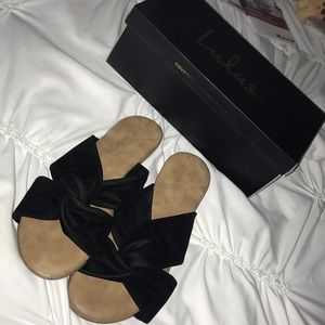 Black suede faux sandals